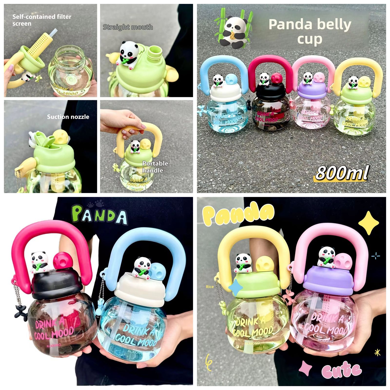 800ml Cute Panda Double Drink Water Bottle with Straw & Infuser